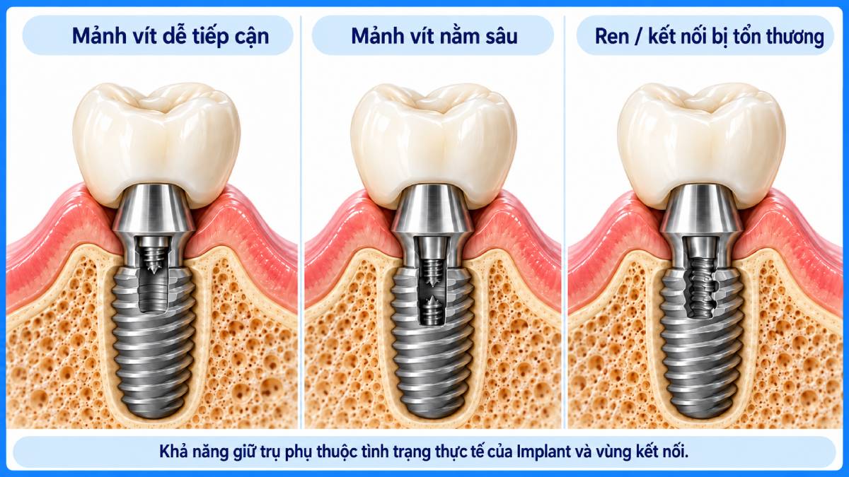 Khả năng xử lý phụ thuộc vị trí mảnh vít và tình trạng ren, vùng kết nối bên trong Implant.